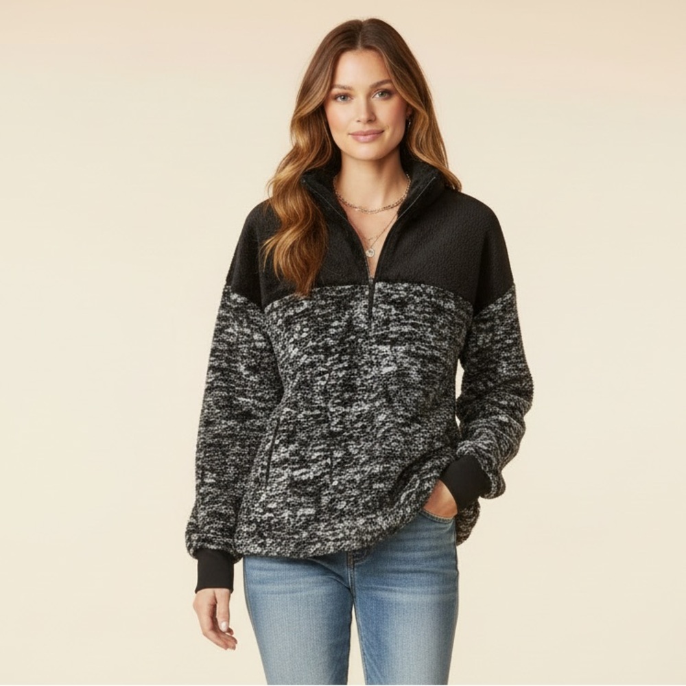 LuLaRoe Nancy Half Zip Pullover with Side Pockets • Black White Gravel Texture